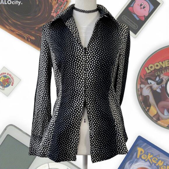 Y2K Jones Polka Dot Cyber Rave Long Sleeve Collared Blouse - Picture 2 of 7